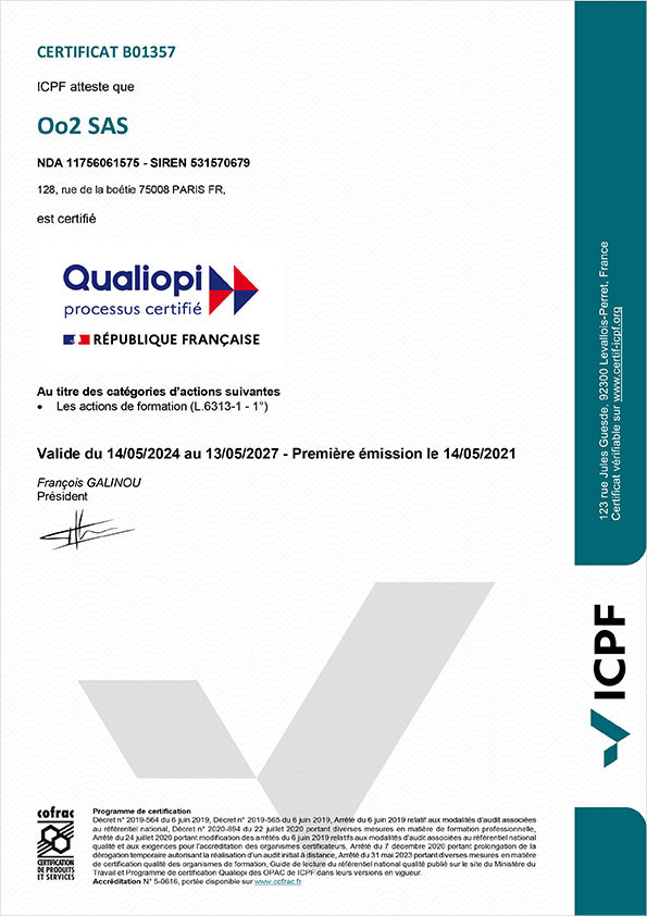 Certificat QUALIOPI - Oo2 Formation
